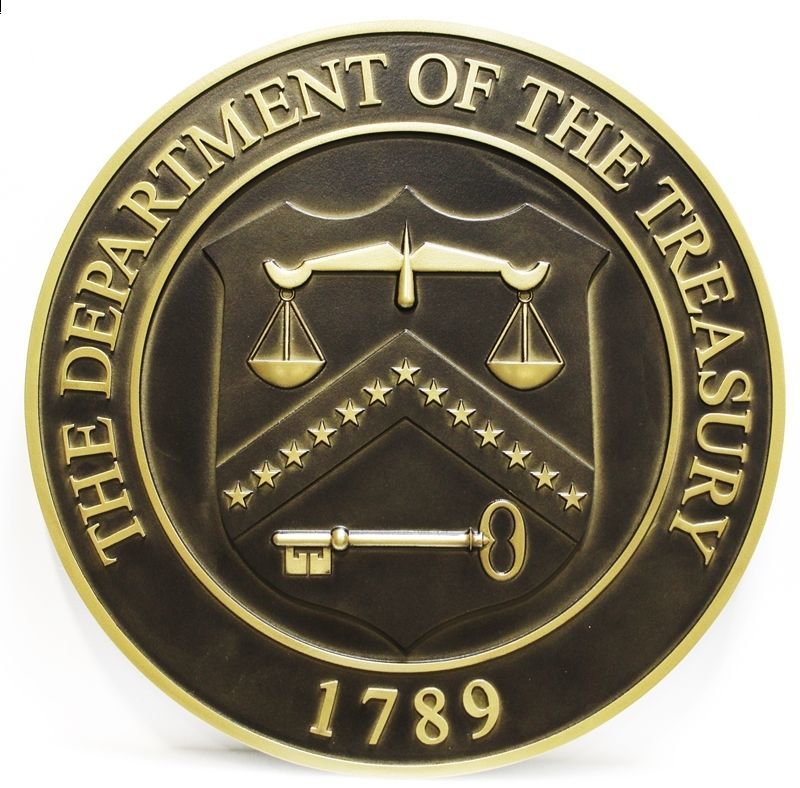 AP-4643 - Carved 3-D Brass-Plated HDU Wall Plaque of the Seal of the Department of the Treasury