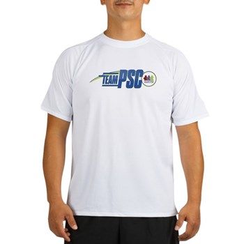 A man wears a white TEAM PSC tshirt