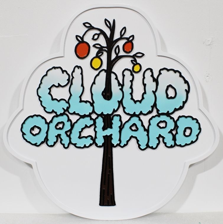 O24705 -  Carved HDU  Sign for Cloud Orchard, with a  Stylized Fruit Tree and Clouds as Artwork