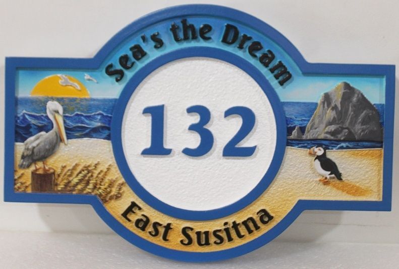 L21650 - Carved Property Name and Address Sign for "Sea's the Dream"