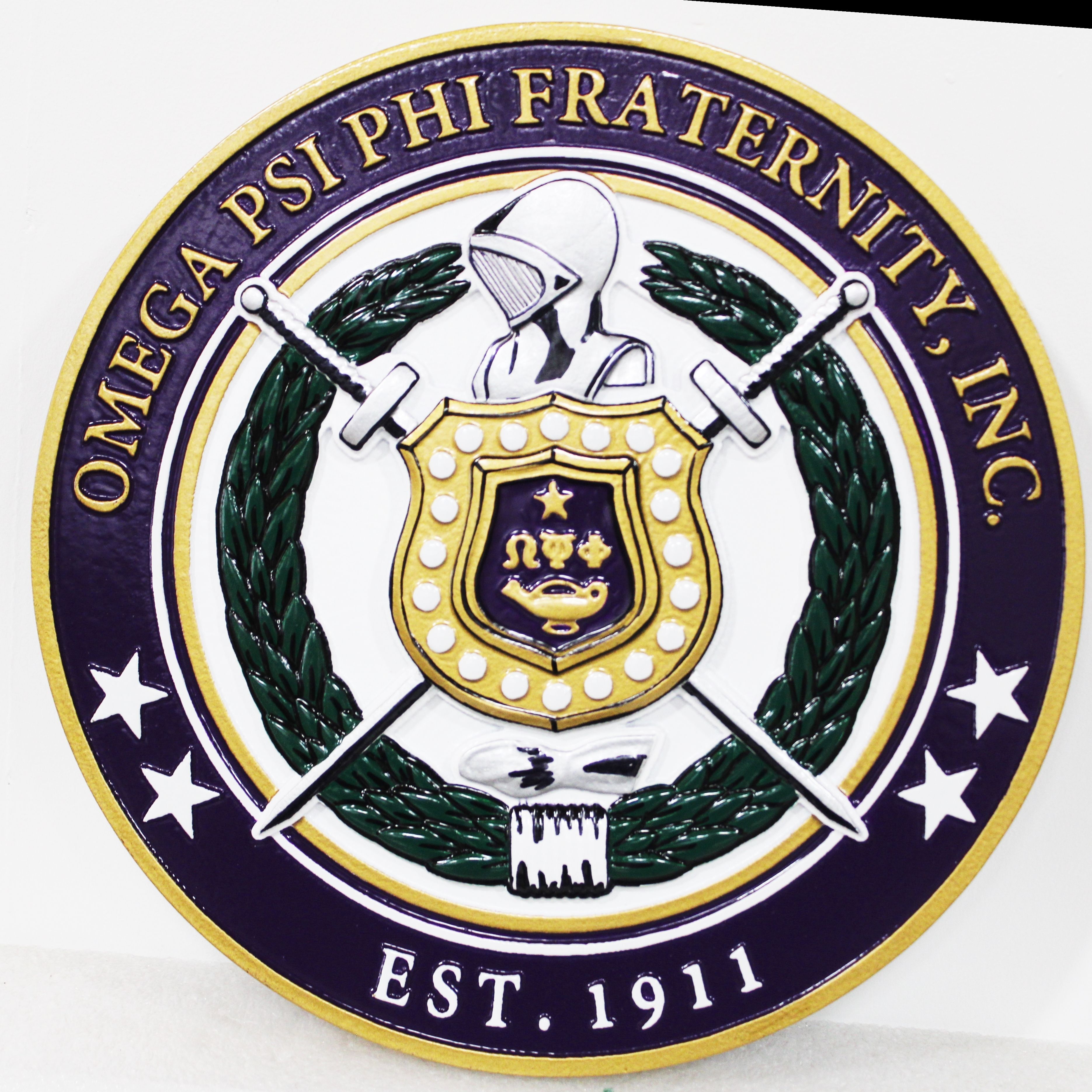 XP-3023 - Carved 2.5-D Multi-level Raised Relief Plaque of the  Coat-of-Arms for Omega Psi Phi Fraternity , with Helmet, Shield, Crossed Swords and Wreath