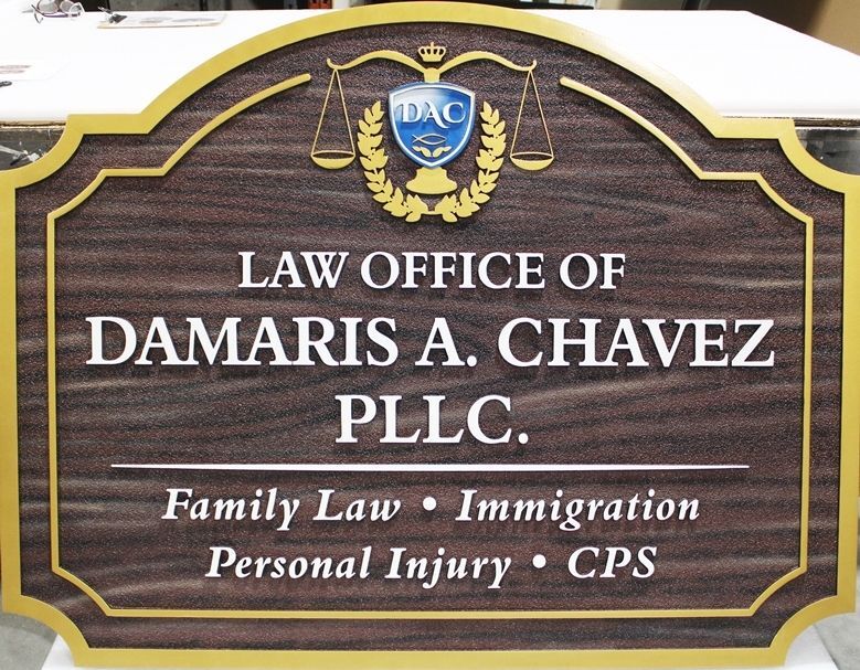 A10530 - Carved  2.5-D  HDU Sign for the Law Office of Demaris A. Chavez PLLC, with its Logo and a Faux Painted Wood Grain Background