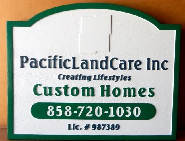 SC38150  - Carved Cedar Wood Sign for "PacificLandCare"  Custom Home Builder