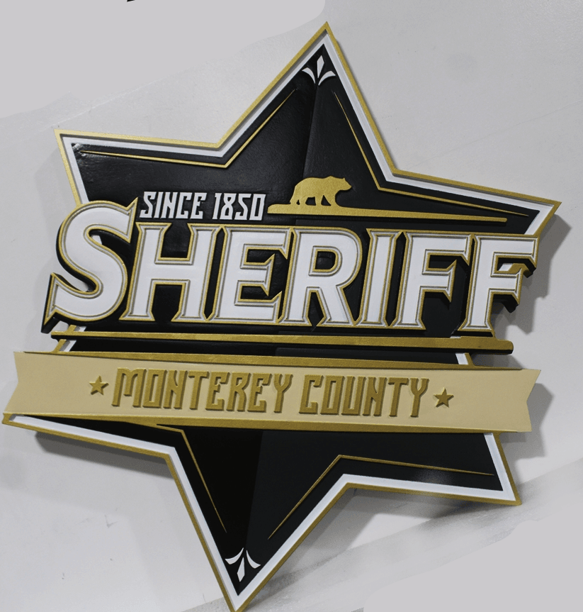 PP-1794 - Carved 2.5-D Multi-Level Plaque of the Star Badge of the Sheriff's Office,  Monterey County, California