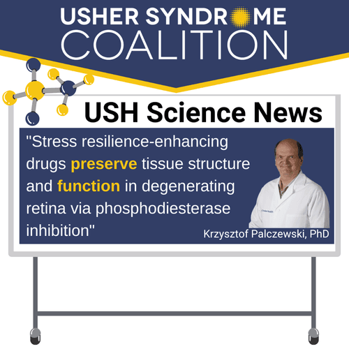 USH Science News. The title of the paper is: "Stress resilience-enhancing drugs preserve tissue structure and function in degenerating retina via phosphodiesterase inhibition"