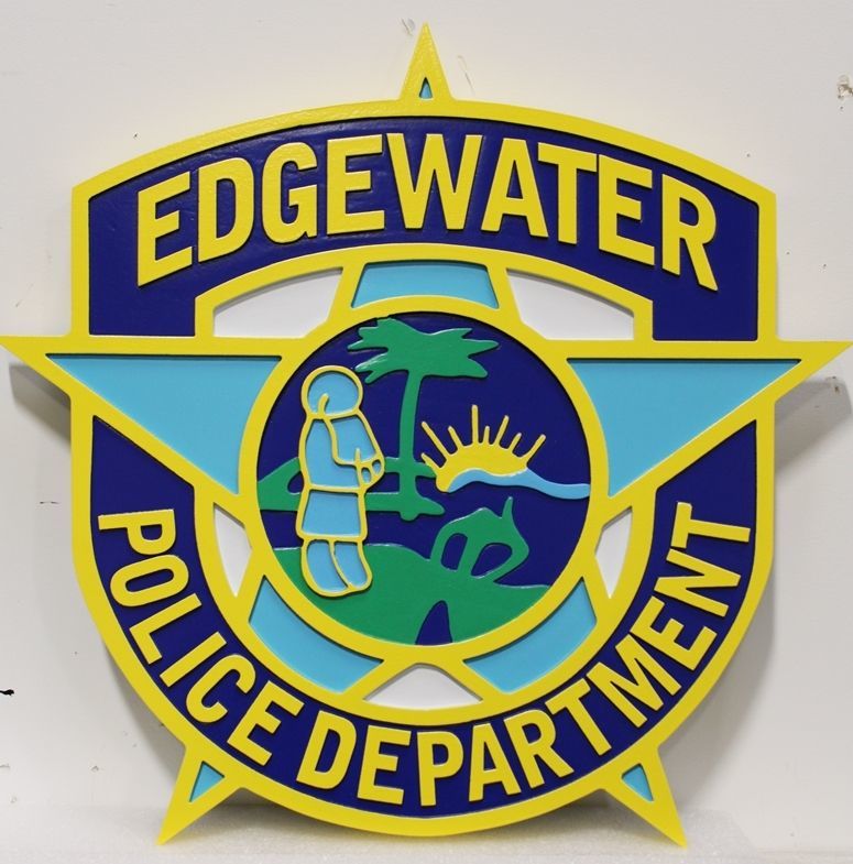 PP-7072 - Carved 2.5-D HDU Plaque of the Seal / Logo of the Police Department of Edgewater, Florida 
