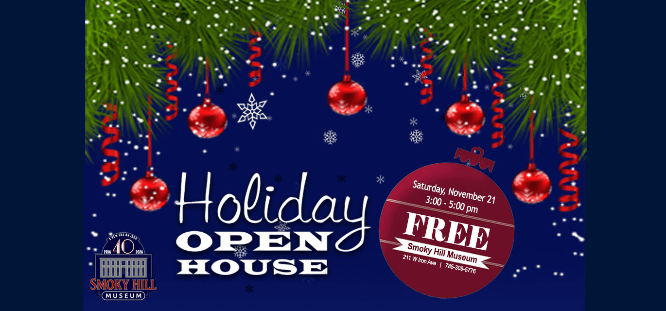 A snok flake filled blue background with holiday greenery at the top. Ornaments and ribbon hang from the greenery. Title of Holiday Open House. One large ornament has the date, time and location of event