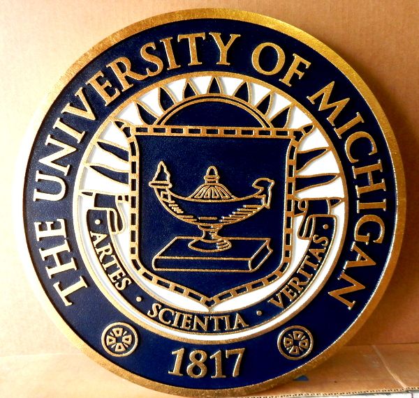 Y34302 - Carved 2.5-D  HDU Plaque, 24K Gold-Leaf Gilded, for the University of Michigan 