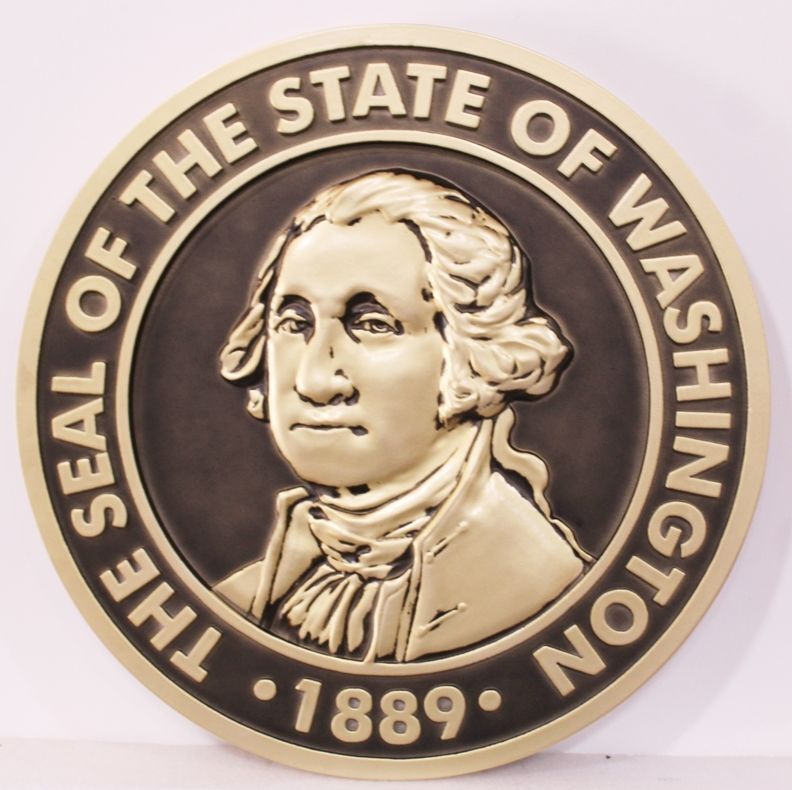 BP-1552 - Carved 3-D Bas-ReliefPlaque of the Great Seal of the State of Washington , Artist-Painted