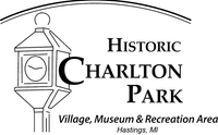 Black and white Historic Charlton Park logo line drawing of a clock with a swoop over the top.