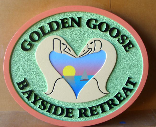 T29124- Carved  and Sandblasted  HDU Sign for the  "Golden Goose Bayside Retreat" , featuring Two Geese as Artwork
