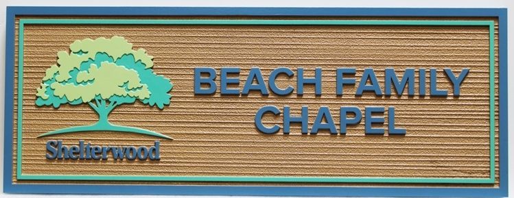 GC16356 - Carved and Sandblasted Wood Grain High-Density-Urethane (HDU) Sign " Beach Family Chapel"   for a Garden Cemetery, with a Large Shade Tree as Artwork