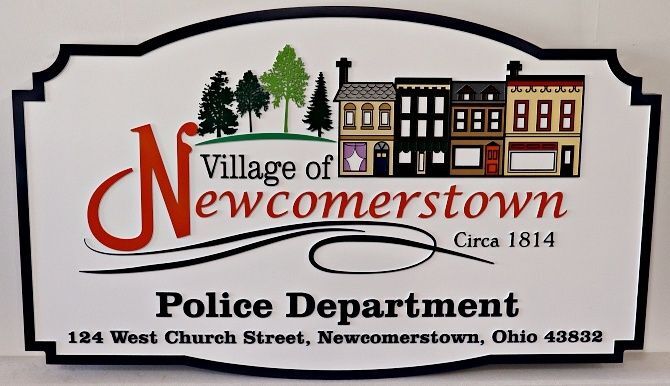 F15379A - Carved Address Sign for "The Village of Newcomerstown Police Department" with Artwork