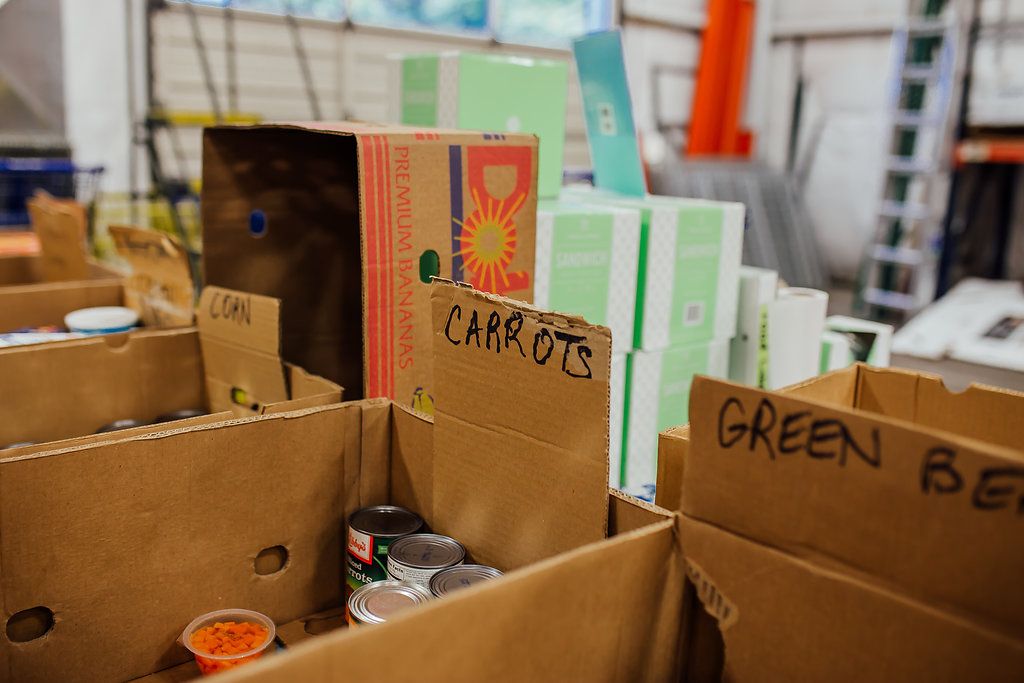 Food sorting boxes. Reads "Corn, Carrots, Green."