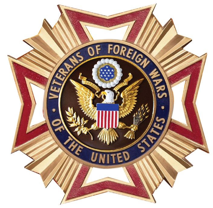 UP-1045 - Carved Wall Plaque of the Badge of the Veterans of Foreign Wars , USA, Artist Painted with Gold Leaf Gilding