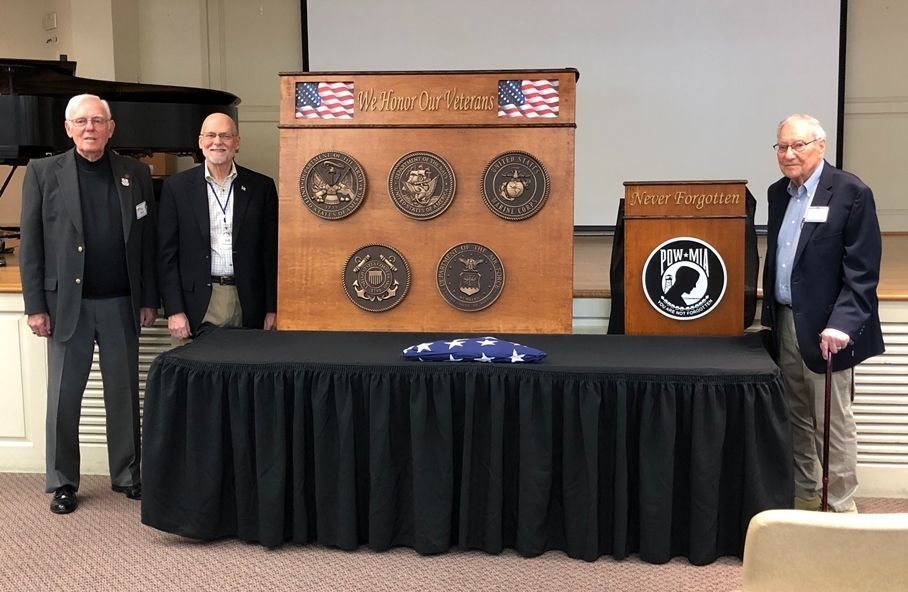 IP-1293 -  Veteran's  Group with Wood  Board with Seals of the Five Armed Force Services, and POW MIA Plaque. 