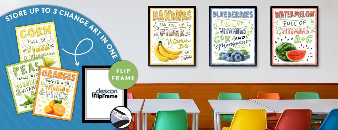 Food posters in frames, nutrition education, custom signs, school signs