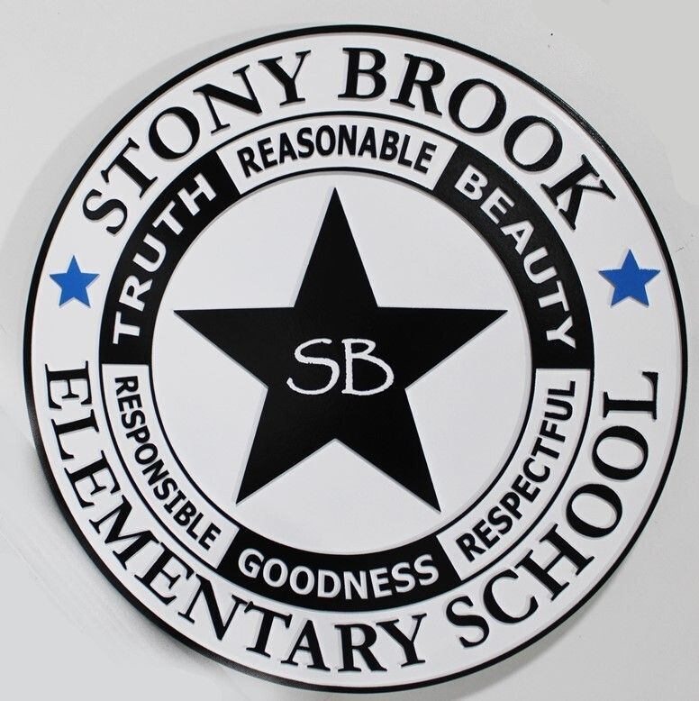 TP-1414- Carved 2.5-D Multi-level Raised Relief HDU Plaque of the Seal of Stony Brook Elementary School  