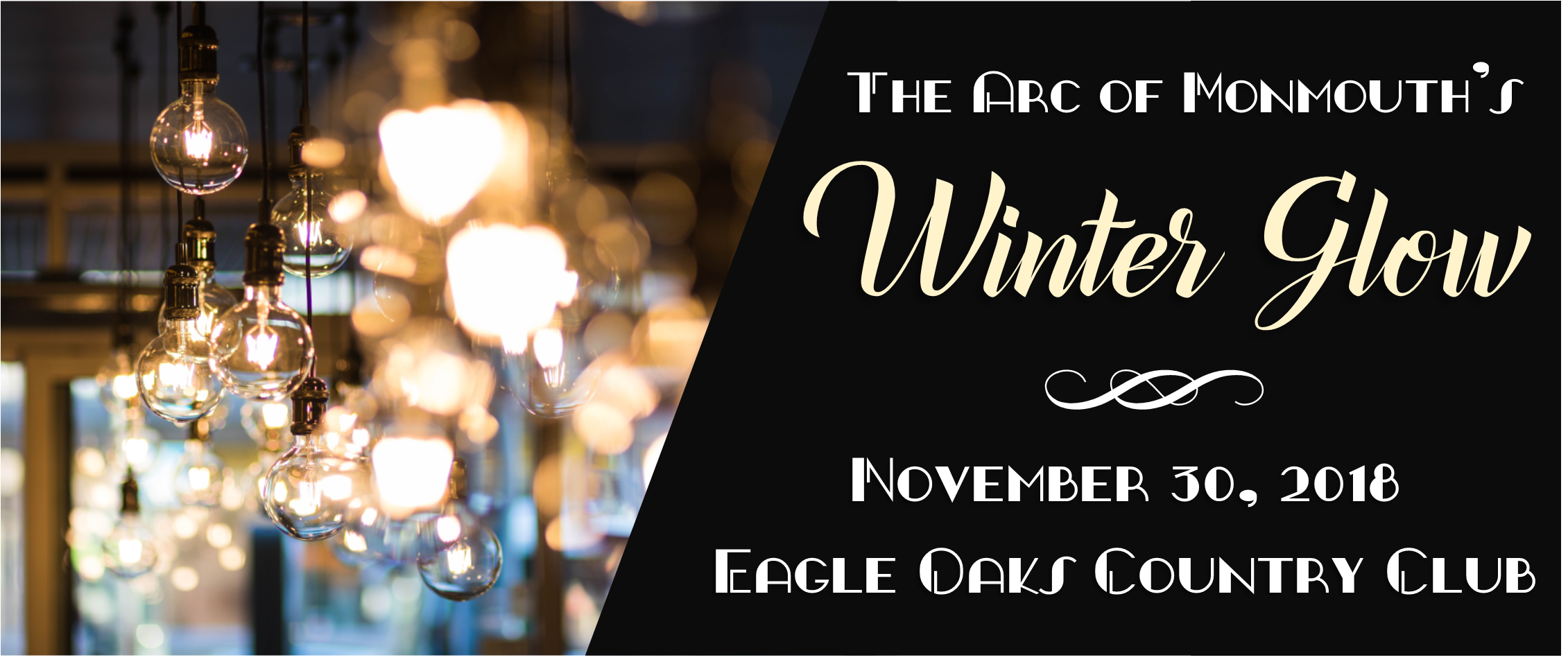 Banner for Winter Glow 2018; industrial edison bulbs hang to portray a modern speakeasy.