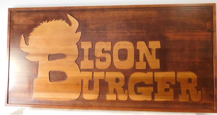 Q25843 - Carved and Sandblasted Cedar Wood Sign for an "Bison Burger", Stained Two Colors 