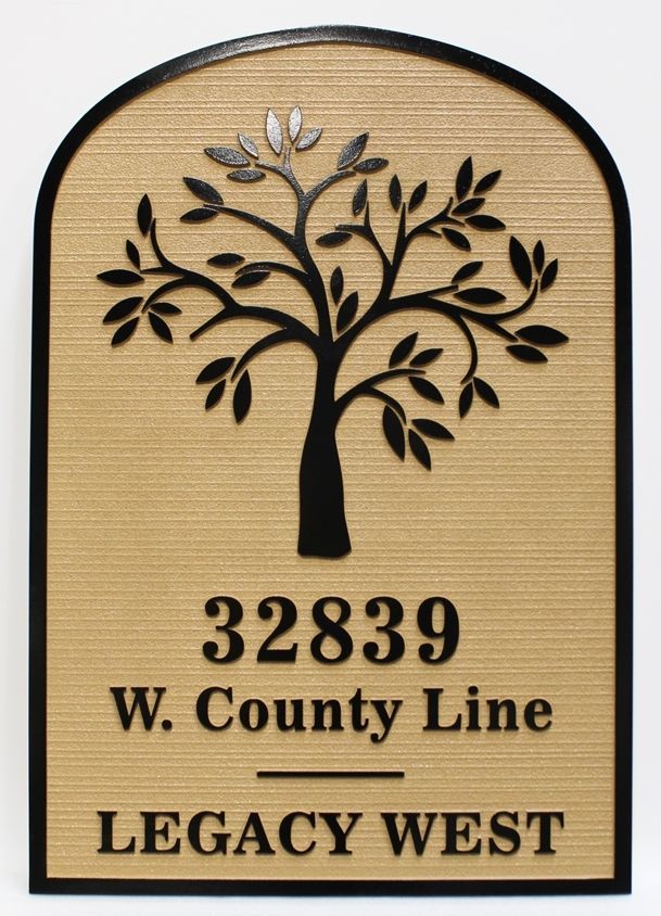 I18335 - Carved High-Density-Urethane (HDU)  Property Name  Sign "Legacy West", with a Stylized Tree as Artwork