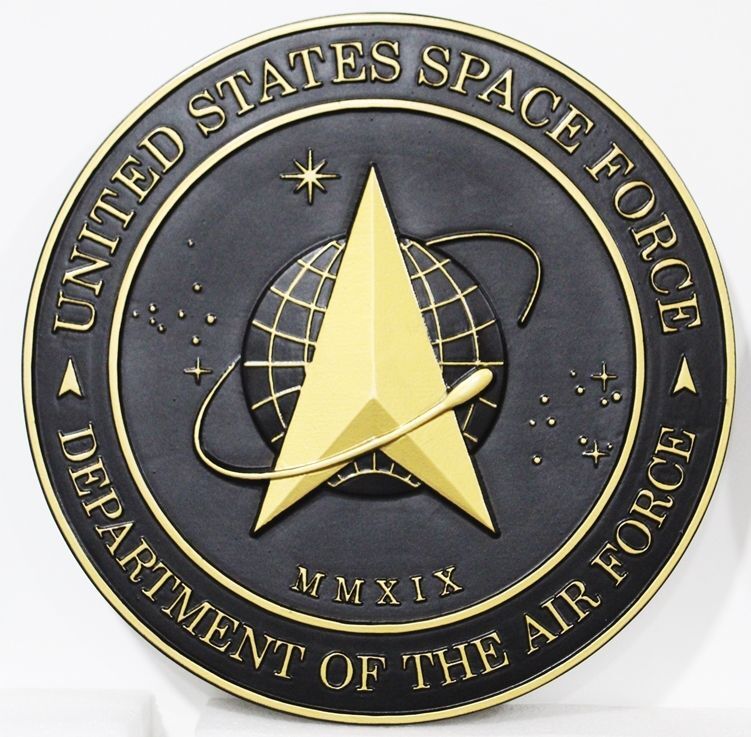 LP-1206 - Carved 3-D Bas-Relief  Plaque of  the Seal of the US Space Force, Painted Metallic Brass 