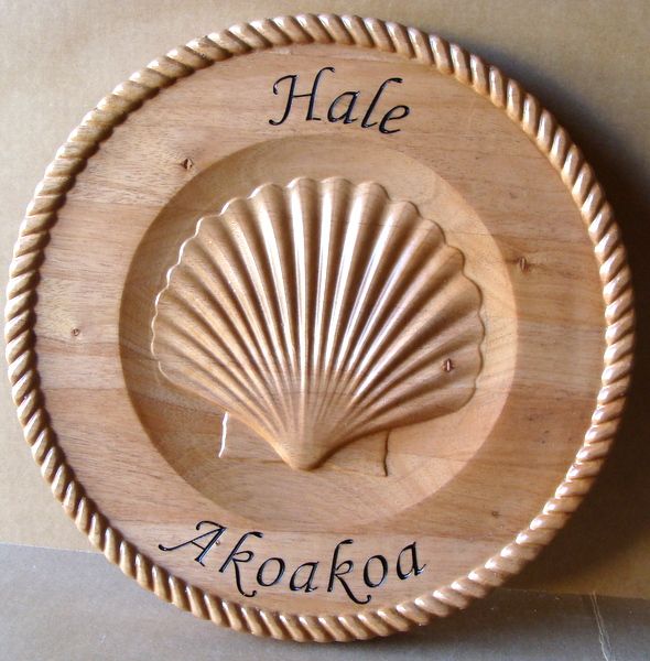 L22402 - Carved Maple Wooden Wall Plaque with 3D Seashell, for Hawaiian College "Hale Akoakoa"