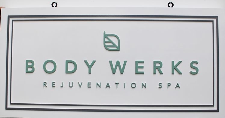 GB16126 - Carved 2.5-D HDU Hanging  Sign for the Body Werks Rejuvenation Spa, with a Leaf Logo as Artwork