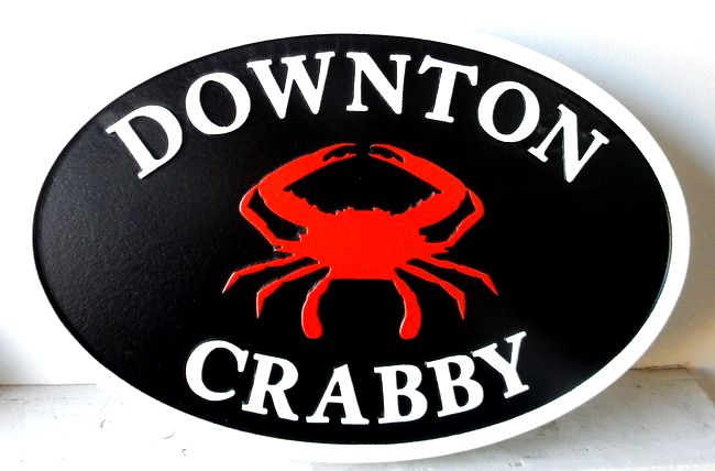 L21568  – Carved 2.5-D HDU Coastal Residence Sign "Downton Crabby" with Crab 