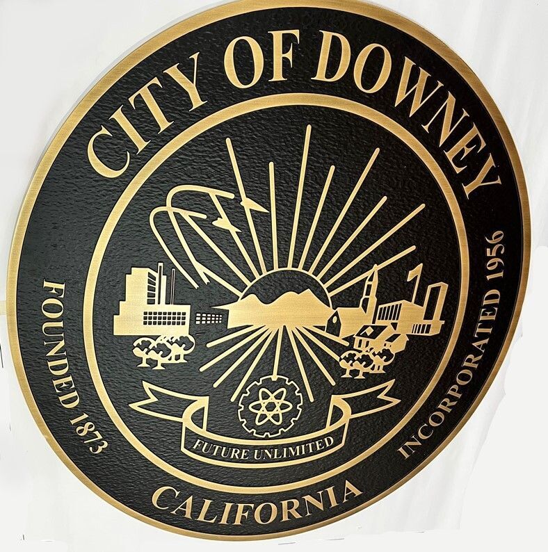 DP-1481A  - Carved 2.5-D Brass-Plated HDU Plaque of the Seal of the City of Downey, California (side view)