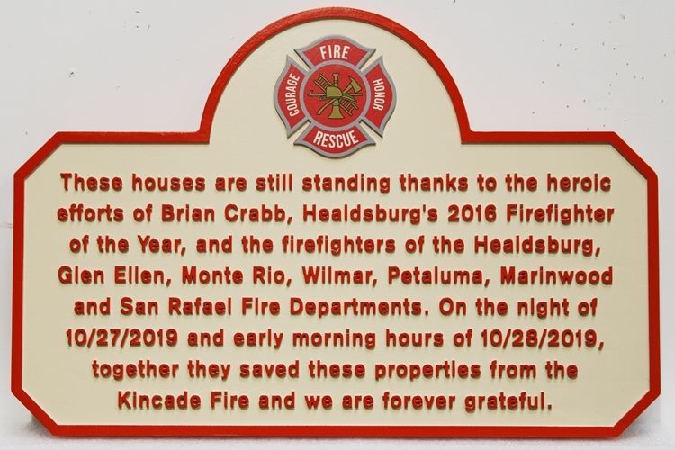 QP-3158 - Commemorative 2.5-D HDU  Plaque Thanking Firefighters for Saving Houses in Kincaid Fire, Sonoma County, California