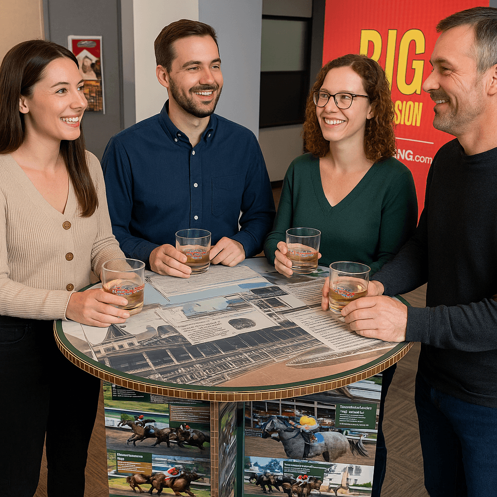 people with drinks standing around a coctail table with print on it