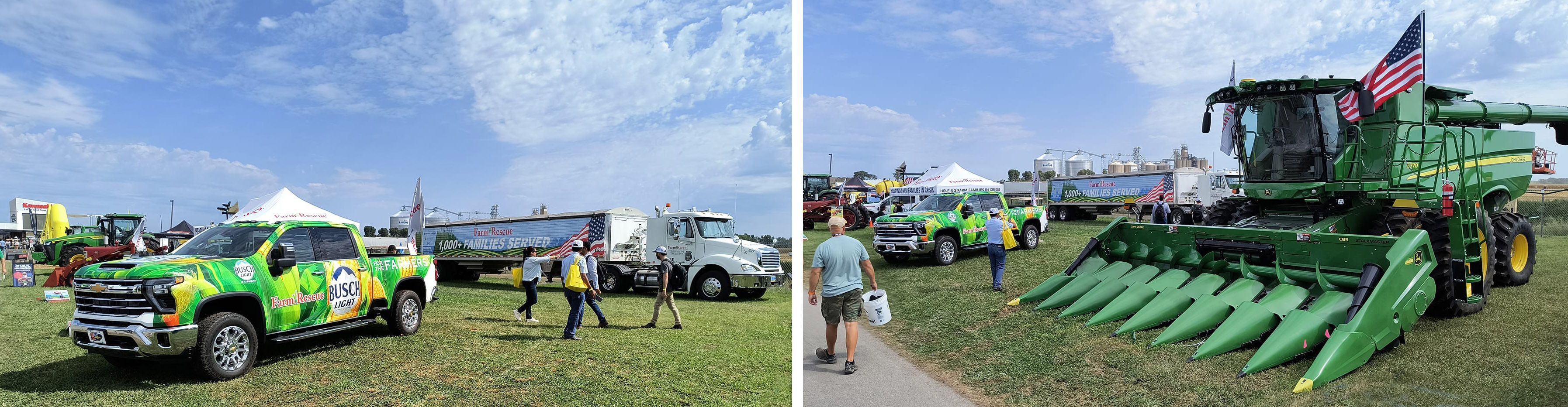 Pickup and Semi with Farm Rescue graphics; John Deere combine with corn header