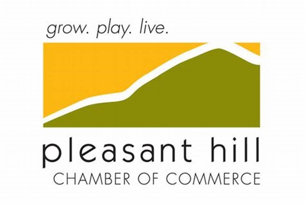 logo of the pleasant hill chamber of commerce. Top has the tagline: grow. play. live. Then an image with yellow sky and green hill. below image it says Pleasant Hill Chamber of Commerce. 