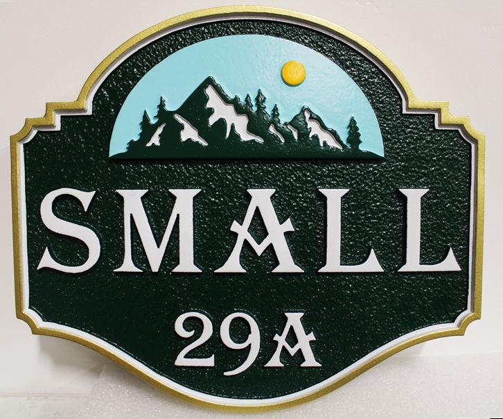 M22214 - Carved  HDU Address Sign for the Small Property with  Mountains, Trees , and  Sun 
