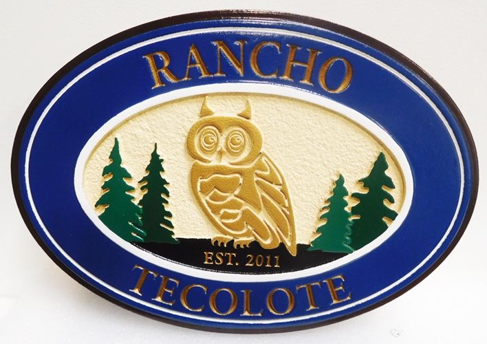 O24629 - Carved Entrance Sign for "Rancho Tecolote"  with Carved  Owl and Trees as Artwork
