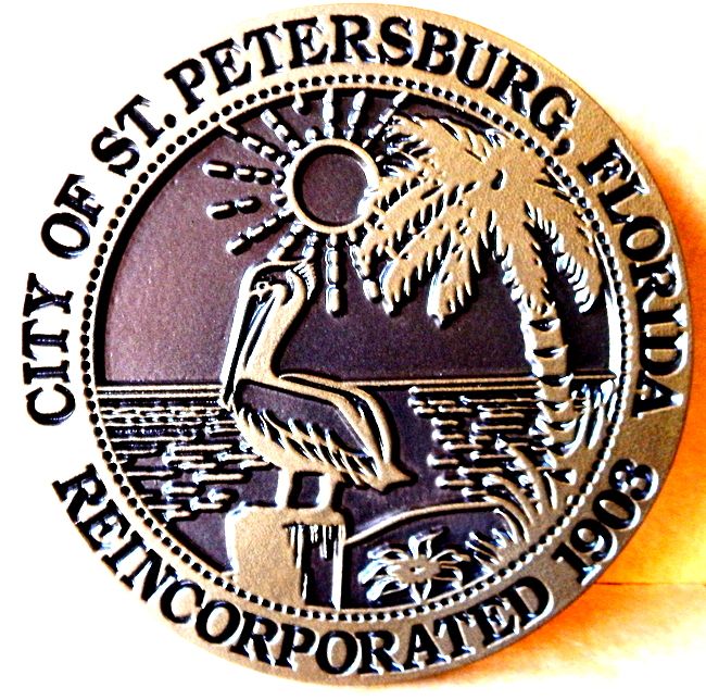 X33154 - 2.5-D Carved Brass-Coated Wall Plaque of the Seal of St. Petersburg, Florida, with Pelican and Palm Tree 