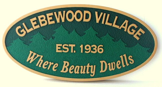 F15110 - Sandblasted, Carved HDU Village Sign "Where Beauty Dwells," Raised and Engraved Trees
