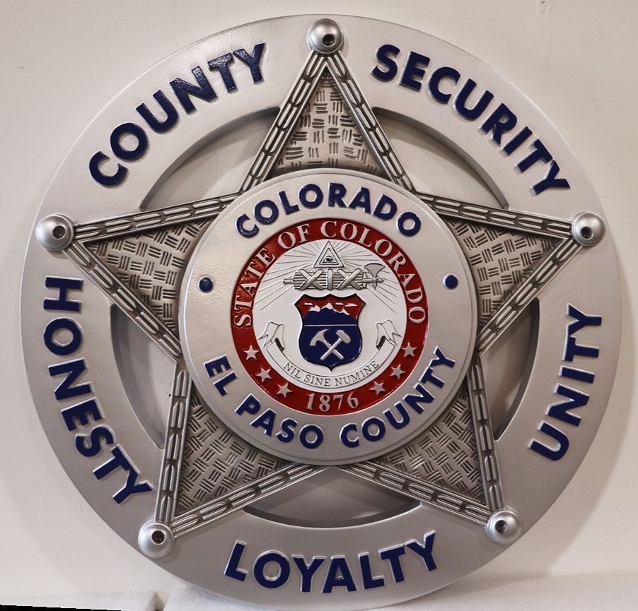PP-1805A - Carved 3-D  Aluminum-plated plaque of the Star Badge of the County Security, El Paso County, Colorado