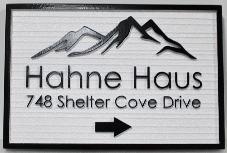 M22231 - Carved and Sandblasted in a Wood Grain HDU Residence Name and Address Directional Sign "Hahne Haus".