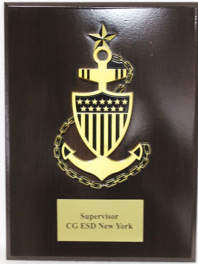 NP-2807 - Brass Anchor and Shield Emblem for ta US Coast Guard Supervisor, ESD New York, Mounted on Mahogany Plaque