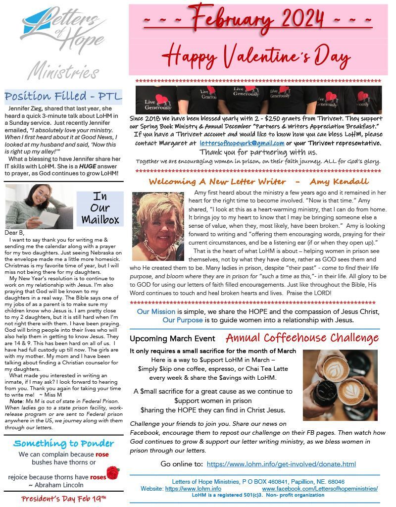 February 2024 Newsletter. Happy Valentine's Day, Position Filled, Welcome a New Writer, and Annual Coffeehouse Challenge
