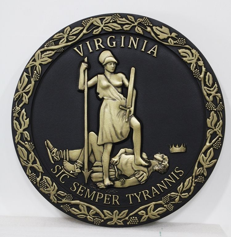 BP-1539 - Carved 3-D Brass-Plated HDU Plaque of the Great Seal of the State of Virginia 