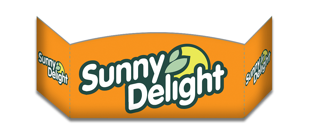 Custom shaped cardboard grocery aisle end cap with vintage Sunny Delight logo on orange background
