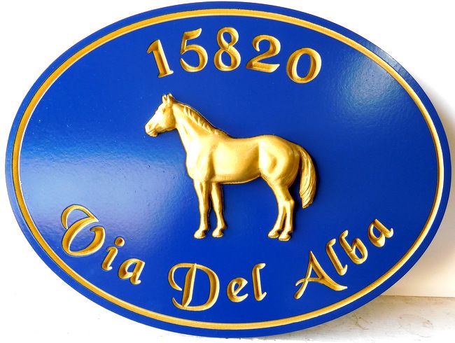 P25019 -  Horse Ranch Sign  With Carved Text and 3-D  Horse (Painted Gold Metallic) 