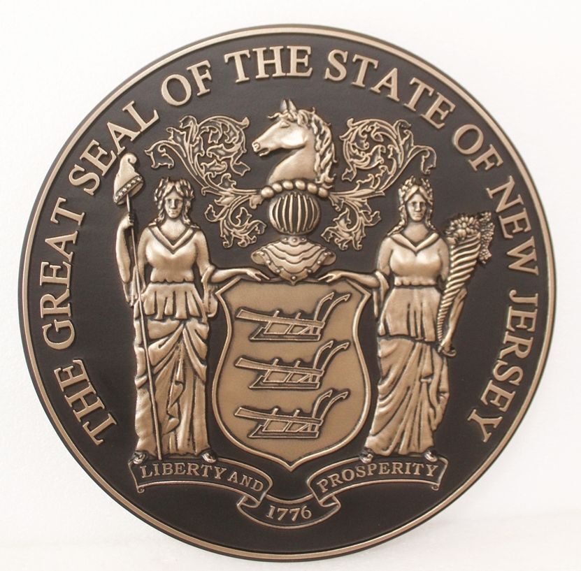 BP-1354 - Carved 3-D Bas-Relief Bronze-Plated HDU Plaque of the Great Seal of the State of New Jersey 
