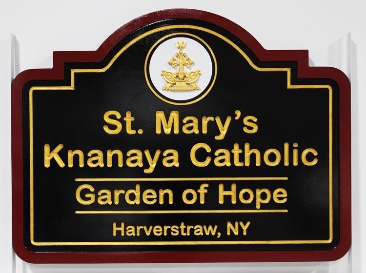 D13066 - Carved and  Engraved  HDU Entrance  Sign for St. Mary's Knanaya Catholic Church,. with 24K Gold Leaf Gilded Text and 3-D Carved Icon as Artwork
