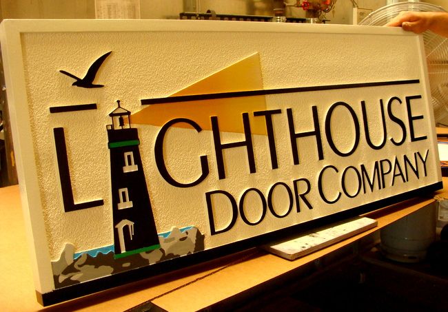 L21435 - Carved 2.5-D Sandblasted  Coastal Business Name Sign "Lighthouse Door Company" 