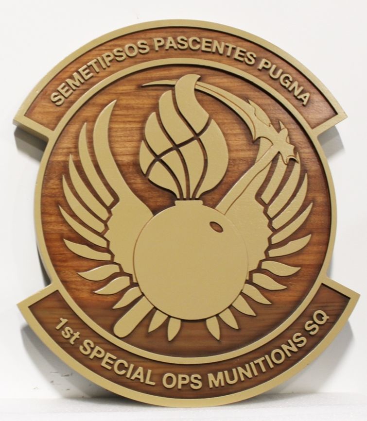 LP-3975 - Carved 2.5-D Multi-Level Raised Relief Mahogany Plaque of the Crest of the1st Special Operations Munitions Squadron 