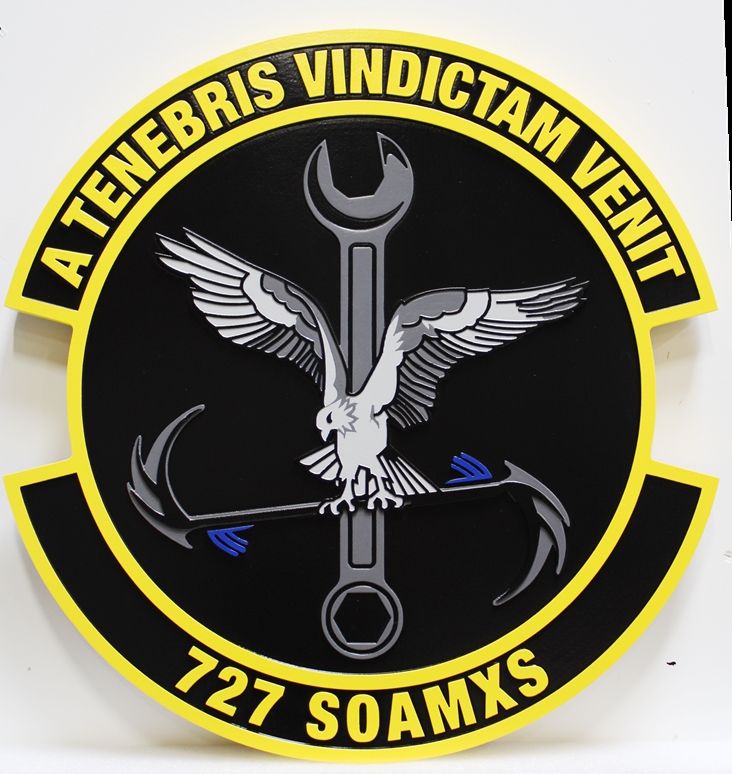 LP-7155 - Carved Wall Plaque of the Crest of the  Air Force's 727 SOAMXS, with Motto "A Tenebris Vindictam Venit"